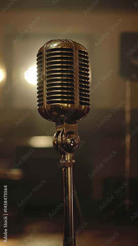 Poster classic microphone illuminated by spotlights in a recording studio, creating an evocative atmosphere