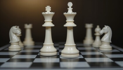 Close-up of white chess pieces on a black and white checkered board, strategic game, copy space