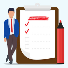 A business man in a formal suit fills out a checklist on clipboard paper with big icon of highlighter. Self assessment, evaluate yourself for personal development or work improvement concept.