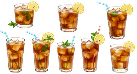 Refreshing Iced Tea Assortment with Lemon and Ice Cubes on a Bright PNG's