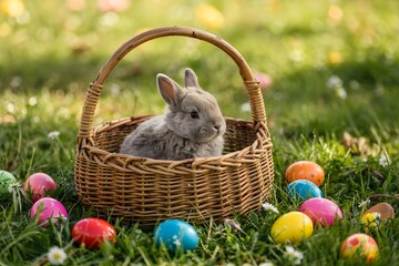 Cute Easter Bunny in Basket with Colorful Eggs on Grass
