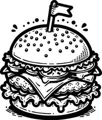 Cute Burger Isolated Line Art Vector Outline Illustration Black and White