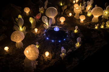 Abstract Miniature of Another Planet with Giant Glowing Mushrooms. A Nighttime Scene on an Alien World, Illuminated by the Soft Glow of Otherworldly Fungi.