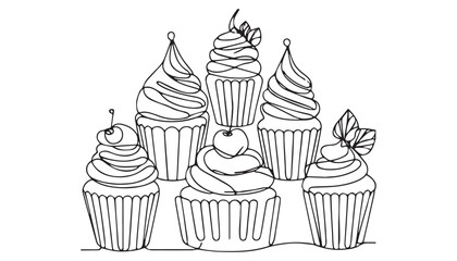 Continuous one single minimal line drawing cupcakes