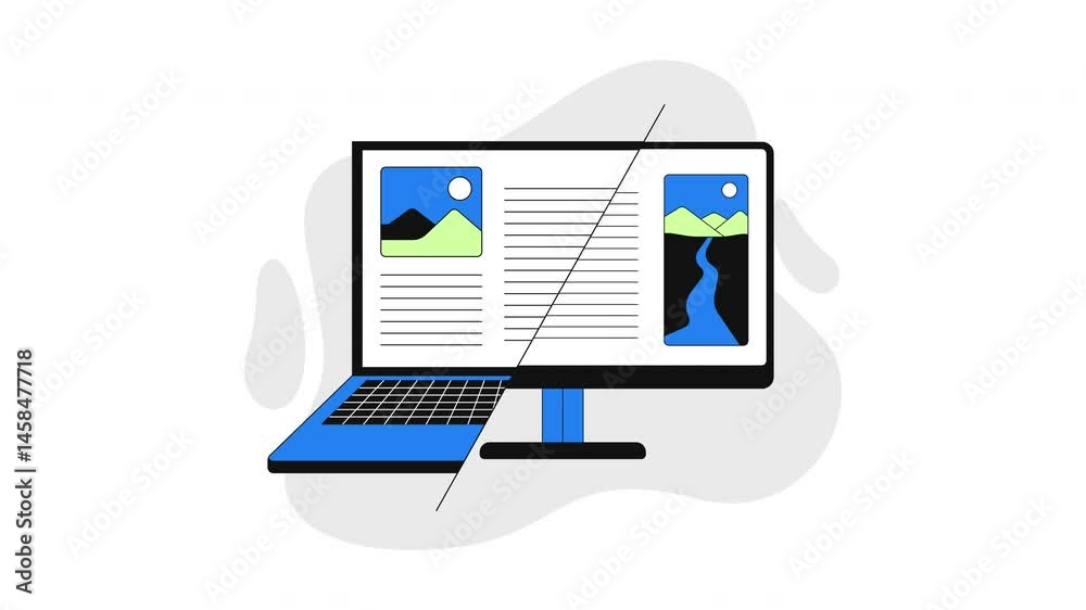 Poster cross-platform compatibility 2d onboarding ui animation. responsive design. laptop transitioning int