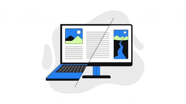 Cross-platform compatibility 2D onboarding ui animation. Responsive design. Laptop transitioning into computer desktop interface animated cartoon flat concept metaphor 4K video isolated on white