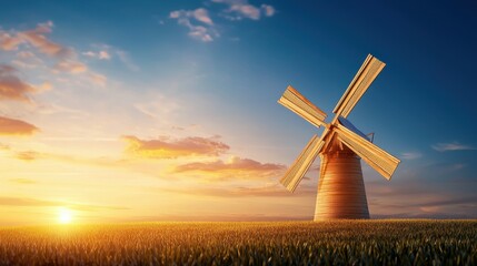 Obraz premium A picturesque windmill stands against a stunning sunset in a serene landscape.