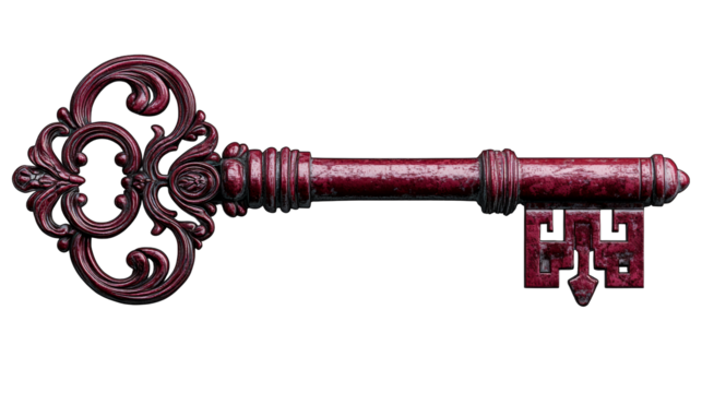 Detailed ornate maroon key, cutout transparent