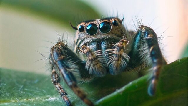 A close up of a jumping spider with big eyes sitting on a green leaf surface