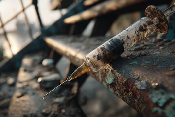 Used syringe with droplet on rusty metal staircase; drug abuse, healthcare, or medical illustration concept with close-up detail