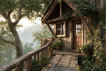 Rustic Wooden Treehouse Balcony Overlook Among Dense Forest with Foggy Backdrop at Sunrise