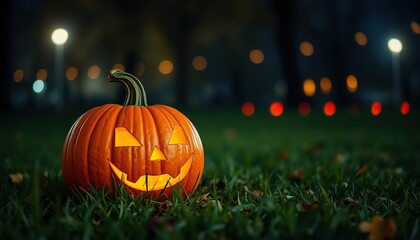 Halloween pumpkin in grass at night