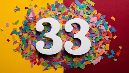 Number 33 with confetti. Photo for thirty-third birthday or anniversary party