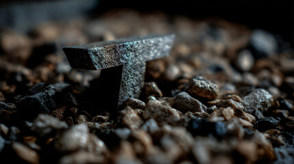 Metallic letter t go forth from gravel represent strength.