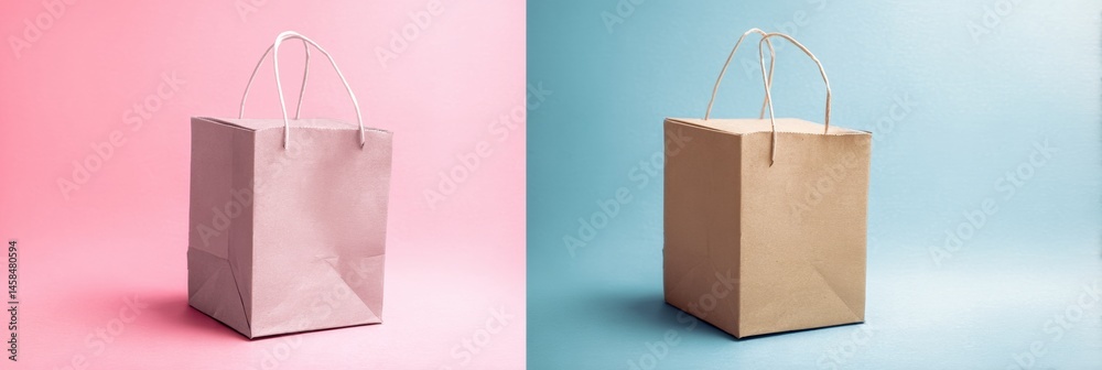 Poster paper shopping bag and cardboard box presented side by side in soft pastel tones for a minimalistic 