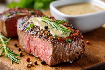 Grilled beef steak with pepper sauce and rosemary lying on wooden cutting board