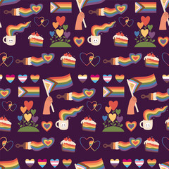 Pride month. Seamless Pattern LGBT Rainbow Hearts, flags, symbols and signs on dark purple Background. LGBTQ community. Trendy Holiday backdrop. Vector illustration