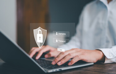Businessman showing concept of online password privacy on internet. Data security from crime scene....