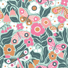 Seamless vector pattern with hand drawn butterfly, dragonfly on floral background. Modern boho floral illustration. Perfect for textile, wallpaper or nursery print design. EPS10 vector file.