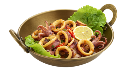 Thai style stir-fried squid served in cooking pot called kadhai. PNG isolated.