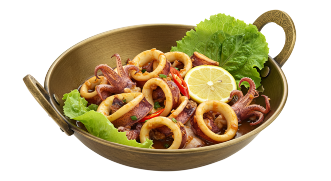 Thai style stir-fried squid served in cooking pot called kadhai. PNG isolated.