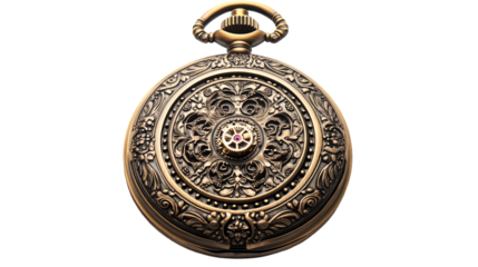 Ornate pocket watch with gears, filigree decor, bronze tone, cut out transparent