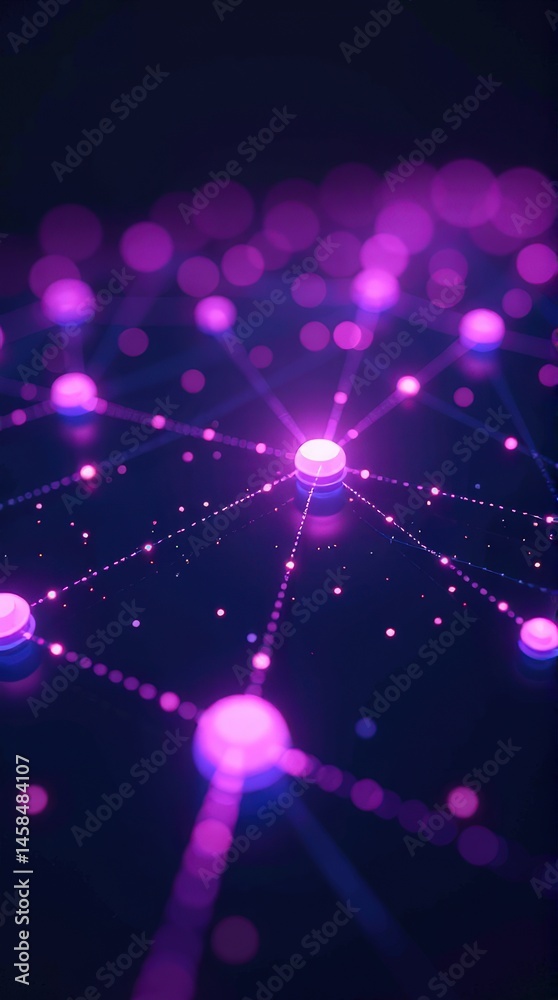 Wall mural glowing neon network nodes and luminous web on dark background.