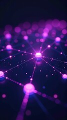 Obraz premium Glowing neon network nodes and luminous web on dark background.