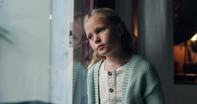 Sad, reflection and window with child at home for mental health, youth crisis and adoption fail. Mistake, foster care trauma and abandon fear with young girl at house for depression and thinking