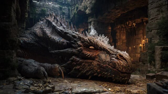 sleeping black dragon lay on dungeon ground open it eye looking at you