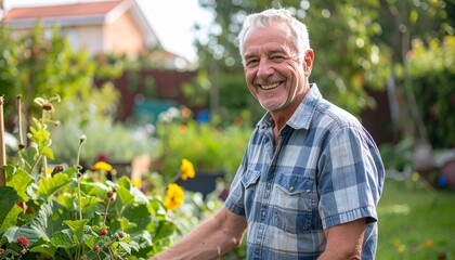 Smiling Senior Man in His 60s Gardening Outdoors in Casual Clothing, Healthy Lifestyle / 60代の男性、自然な笑顔で庭のガーデニングを楽しむカジュアルなライフスタイル
