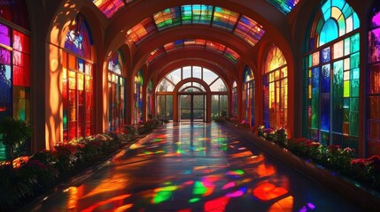 Fototapeta premium Vibrant Arched Corridor with Stained Glass Windows, Colorful Panels, Plant Decor, and Grand Archway View