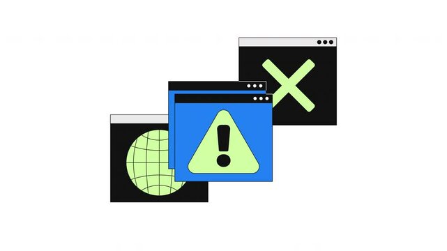 System error alert popups 2D onboarding ui animation. Connectivity problems. Software crash, failed. Warning browser windows animated cartoon flat concept metaphor 4K video isolated on white