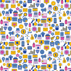digital marketing icon set with color seamless pattern