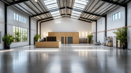 Modern spacious interior of a well-lit industrial office with wooden accents.