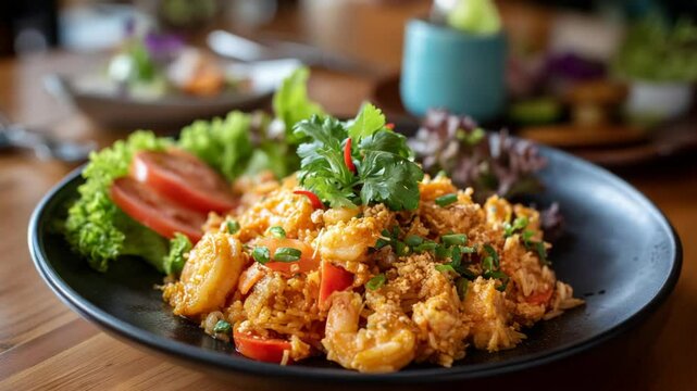 close up premium fresh Thai cooking dish,  deep fried shrimp with garlic 