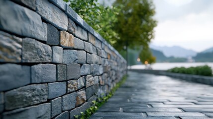 Close-up of a weathered stone wall along a serene pathway with trees and water in the background.