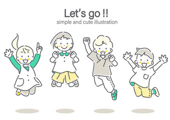 未来へジャンプする子供たち　シンプルでかわいい線画イラスト