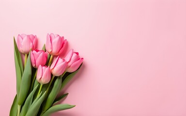 Pink Holiday banner. Bouquet of pink tulips on pink background. Mothers day, Valentines Day, Birthday celebration concept. Copy space, top view. High quality