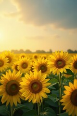 Obraz premium Sunflowers in a field, bathed in golden yellow light , sunny, color