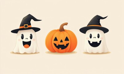 Playful Halloween illustration with cartoon ghosts pumpkins and witch hat on beige background for spooky holiday graphics
