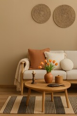 Modern Living Room Interior Design Cozy Beige Sofa Wooden Coffee Table Orange Tulips Natural Decor Stylish Home Comfortable Apartment Scandinavian Style Room Design Elegant Neutral Tones Warm         
