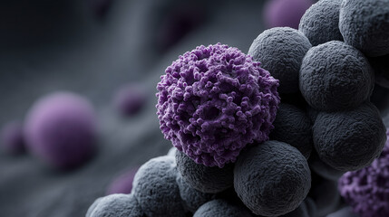 Spherical Herpes Simplex Virus (HSV) particles with an icosahedral capsid surrounded by a lipid envelope under a microscope