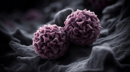 Spherical Herpes Simplex Virus (HSV) particles with an icosahedral capsid surrounded by a lipid envelope under a microscope