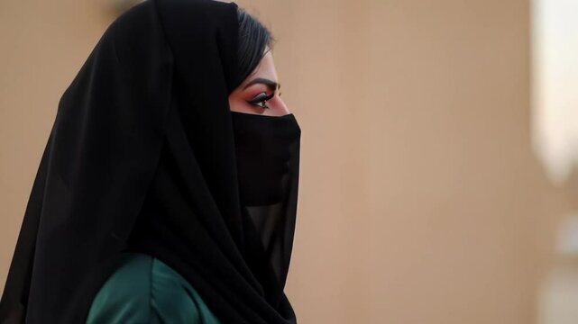 Side profile of Arab woman in niqab with urban background