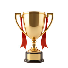 Trophy with shiny gold finish and red ribbon isolated on white background.