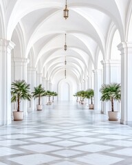 Fototapeta premium Long corridor adorned with pots of palm trees creating a lush and inviting indoor environment for relaxation