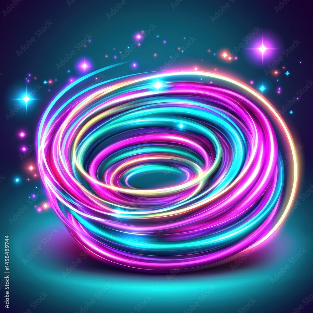 Poster captivating glowing neon spiral creating a vivid and dynamic visual experience in dark background