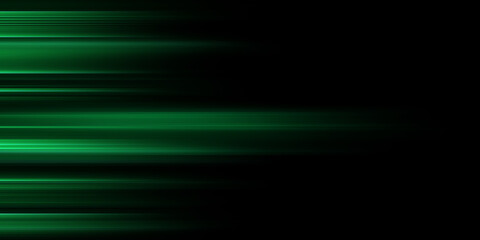 Green laser beams isolated on black background. Abstract light effect. Green lens flash. Horizontal rays glowing in the dark. Speed ​​illustration, road