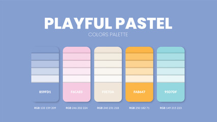 Color palette guide in Playful Pastel colour theme collections. Color inspiration or chart with codes template. Color combination RGB. Colors swatches for graphic design, art, fashion, web or painting